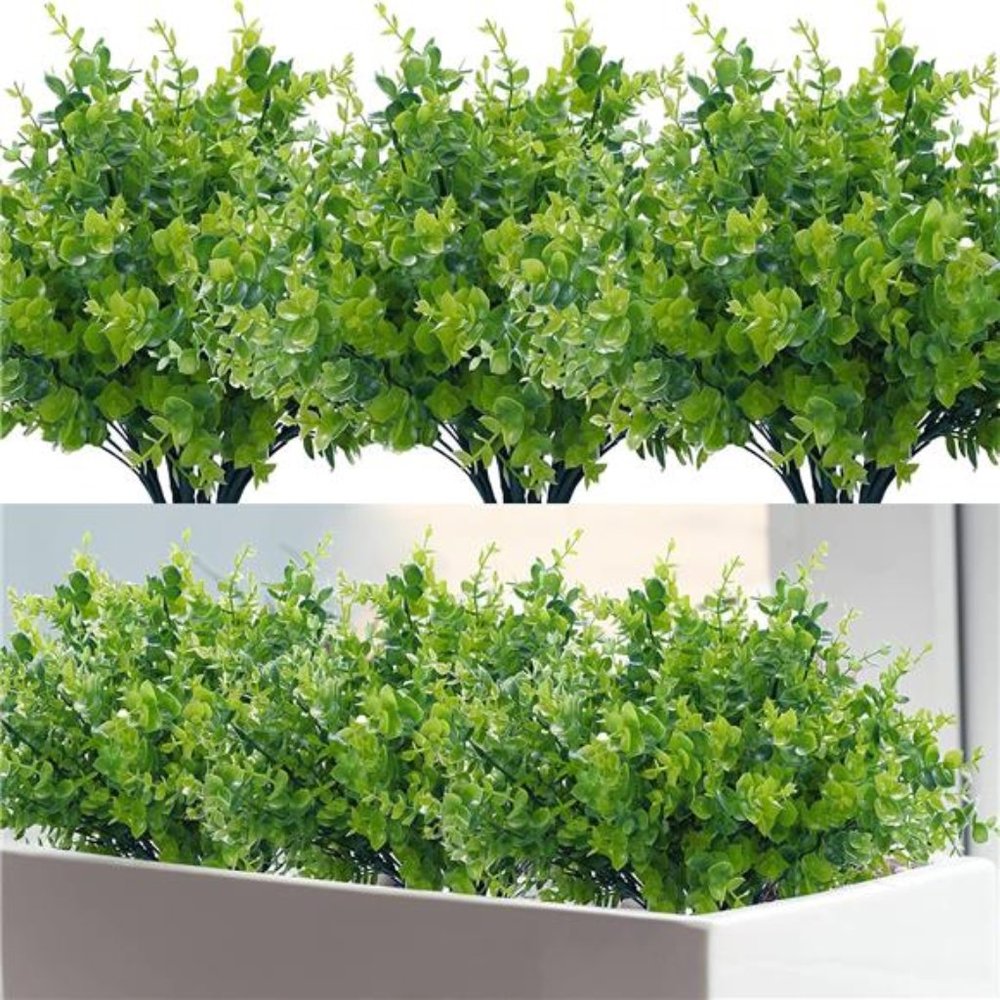 24 Pack Artificial Greenery Outdoor Plants, Fake Plastic Boxwood Shrubs Stems